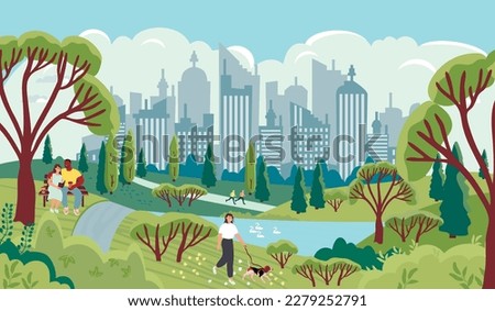 Summer city park with people resting.Landscape with a metropolis on the horizon, trees and a pond. A couple sitting on a bench, a girl walking a dog.Vector flat cartoon illustration. 