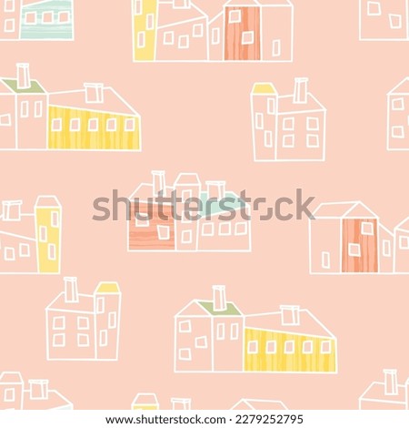 Seamless pattern of stylized graphic houses.Pastel blue,pink and yellow color.Buildings with windows, roofs and chimneys.Cute background or texture for printing on fabric and paper.Vector  wallpaper.
