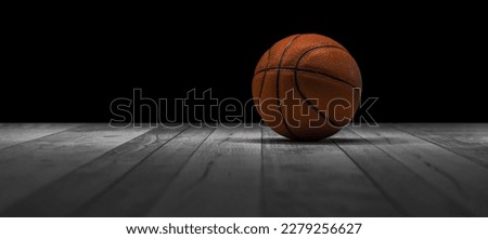 Basketball on hardwood court floor. Horizontal sport theme poster, greeting cards, headers, website and app