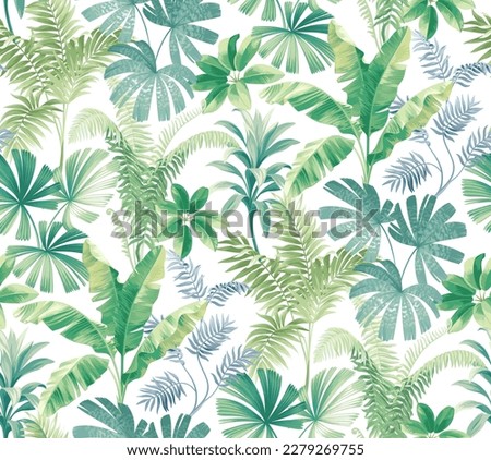 Seamless pattern with tropical leaves. Realistic botanical illustration. Vector Hawaiian background.