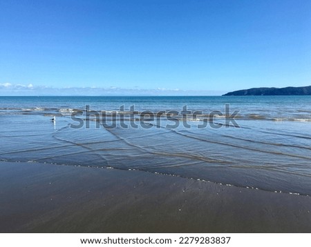 Sea wave interference pattern on flat Paraparaumu beach with Kapiti Island in the background.  Royalty-Free Stock Photo #2279283837