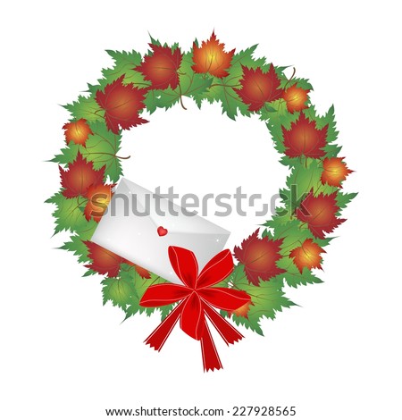 Christmas Wreath of Autumn Maple Leaves in Red, Orange and Green Colors with Lovely Envelope, Sign for Christmas Celebration. 