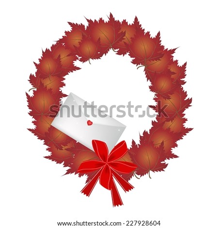 Christmas Wreath of Maple Leaves in Red Colors with Lovely Envelope, Sign for Christmas Celebration. 