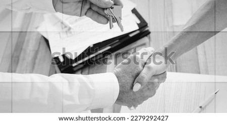 Handshake between estate agent and customer, geometric pattern