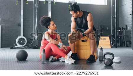 Personal trainer man, woman gym and exercise plan with.a fitness instructor training routine, body and healthy cardio sports workout. Athlete exercising, health wellness and strong mental motivation Royalty-Free Stock Photo #2279296951