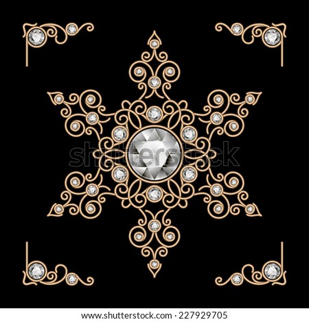 Vintage gold jewelry snowflake decoration on black, vector eps10