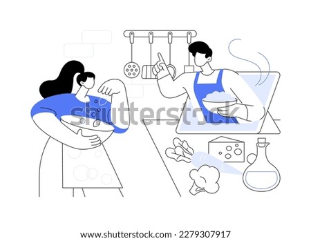Online cooking tutorial abstract concept vector illustration. Food preparation class, culinary video course, home chef, food blogger, social media influencer, kitchen training abstract metaphor. Royalty-Free Stock Photo #2279307917