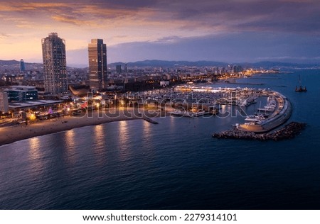 Top view of the evening Barcelona, the capital of the autonomous region of Catalonia, located on the Mediterranean coast, ..Spain