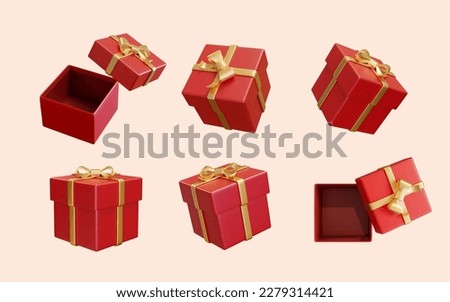 3D Illustration of red giftboxes wrapped with gold ribbon open and close mockups in different angle isolated on light pink background. Suitable for birthday party and festive celebration. Royalty-Free Stock Photo #2279314421
