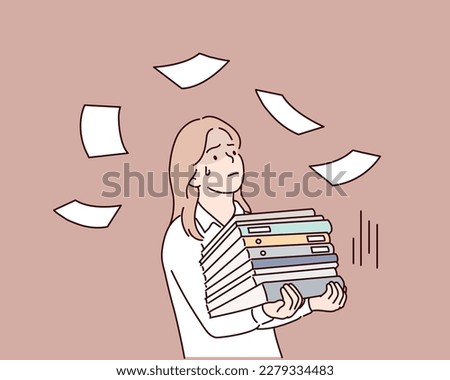 Bureaucracy and overworking concept. Angry office worker with pile of papers and documents is stressed by lot of work and deadlines. Hand drawn style vector design illustrations. Royalty-Free Stock Photo #2279334483