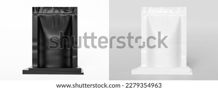 Black or White Plastic Seal Pouch Bag Mockup on Podium with Background, 3d illustration