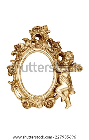 Oval baroque gold picture frame with cupid isolated on white with clipping path.