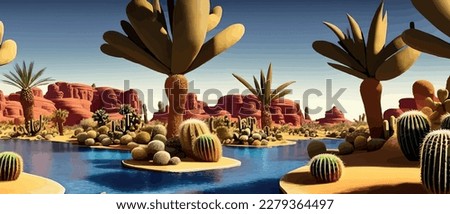 A desert oasis with cacti and flowers growing around a stream of water. Cinematic digital artwork illustration of a desert landscape at sunset. Scenic wild west aesthetic art vector illustration.