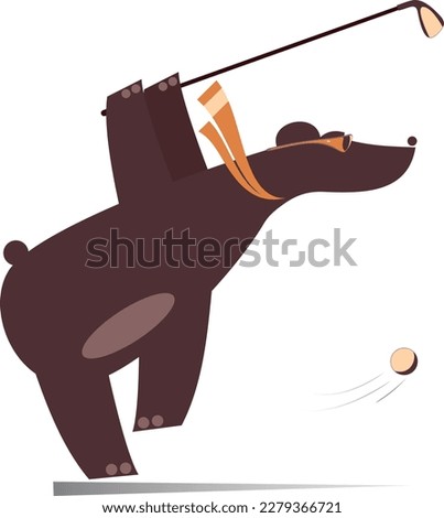 Cute bear playing golf. 
Cartoon bear holds a golf club and trying to do a good shot. Isolated on white background
