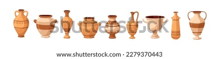 Old pottery set. Ancient Greek vases, antique pots, vintage jugs, clay vessels, urns. Crockery designs, ceramic earthenware. Flat cartoon graphic vector illustrations isolated on white background Royalty-Free Stock Photo #2279370443