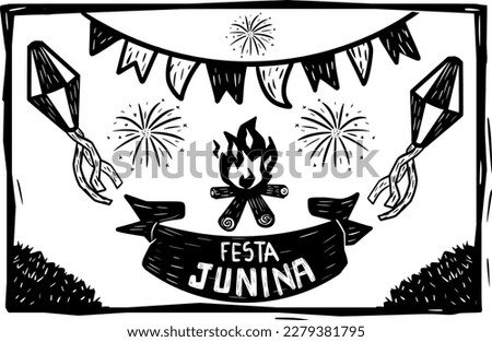 Festa Junina (June celebration). elements alluding to the festivities of the month of June. Typical party in Brazil. Woodcut style and cordel literature.