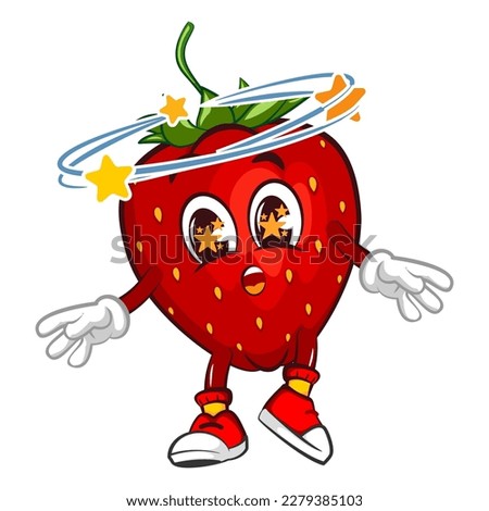 mascot character vector illustration of drunk and dizzy strawberry with dizzy eyes