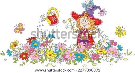 Happy little fairy waving her magic wand and watering colorful flowers with a watering-can on a pretty flowerbed in a summer garden, vector cartoon illustration isolated on a white background