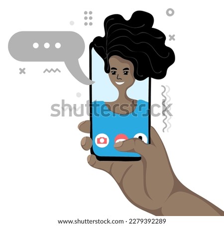 Male hand holding smartphone with african american girlfriend on screen. Video call and chat concept. Vector cartoon illustration for websites and banners design