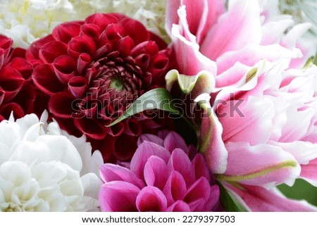 White-pink lilies and dahlias in a bouquet