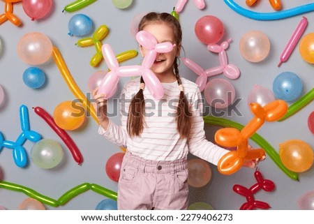 Indoor shot of little girl with braids wearing casual clothing posing isolated over gray background with balloons, holding air ballons animal figures, playing on party. Royalty-Free Stock Photo #2279406273