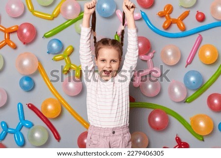 Image of overjoyed crazy birthday little girl with braids wearing casual clothing standing against gray wall with colorful balloons, having funny face, pulling her pigtails up.