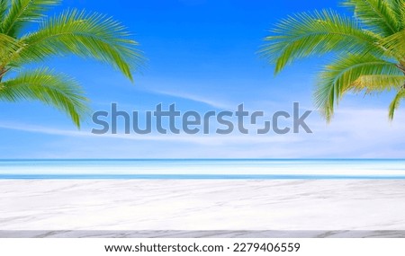 Empty white Marble Table with Coconut Palm Tree Branches on blurred Sea view Background for Products Introduction Display Presentation in Summer style