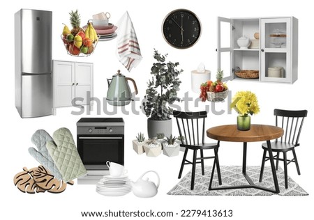 Kitchen interior design. Collage with different combinable furniture and decorative elements on white background
