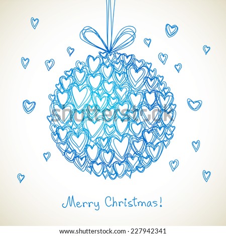 Vector festive ball of doodle hearts. Christmas, Valentines Day, wedding greeting card. Hand drawn illustration in kids style for print, web