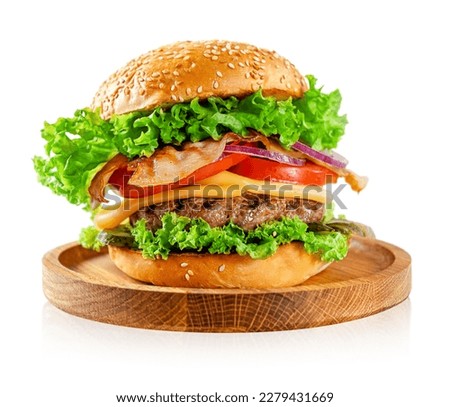 Classic burger with beef and bacon isolated on white background.