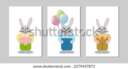 Three cards with funny Rabbits . Flat Vector illustration. Ideal for festive Easter design. Suitable for children's party.