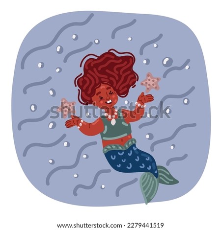 Cartoon vector illustration of Mermaid Afro Character Mythical Girl Little Nymph