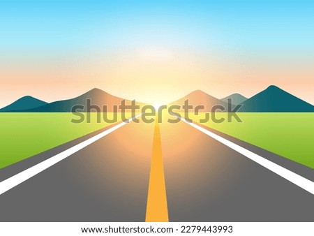 Empty Road with a field and mountain during sunrise or sunset. Vector Illustration.