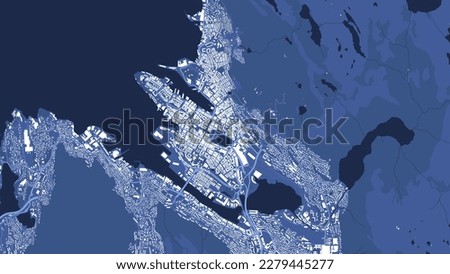 Detailed blue vector map poster of Bergen city administrative area. Skyline panorama. Decorative graphic tourist map of Bergen territory. Royalty free illustration.