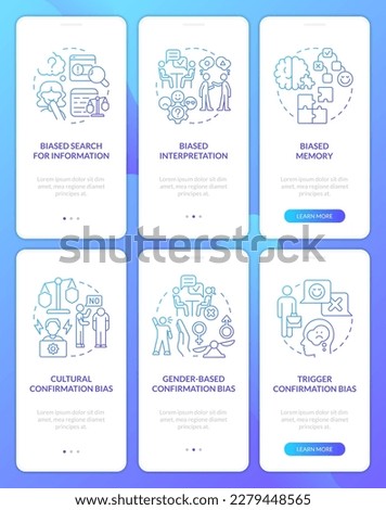 Confirmatory bias blue gradient onboarding mobile app screen set. Walkthrough 3 steps graphic instructions with linear concepts. UI, UX, GUI template. Myriad Pro-Bold, Regular fonts used