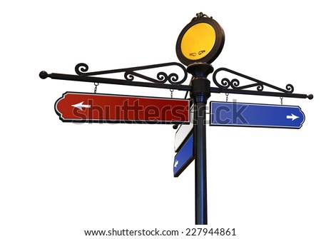 Blank signs pointing in opposite directions  representing a shopping direction sign, Photo isolated on white background. This has clipping path.