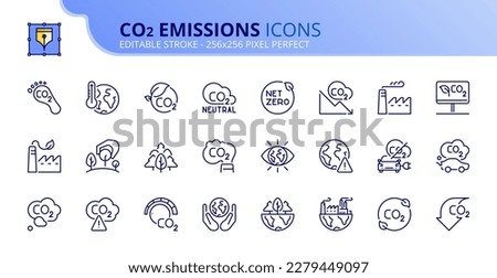 Line icons about co2 emissions. Contains such icons as tree planting, net zero, and reduced carbon dioxide. Editable stroke Vector 256x256 pixel perfect Royalty-Free Stock Photo #2279449097