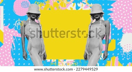 Contemporary digital collage art. Modern trippy design. Summer vibes. Fashion girl and abstract creative background