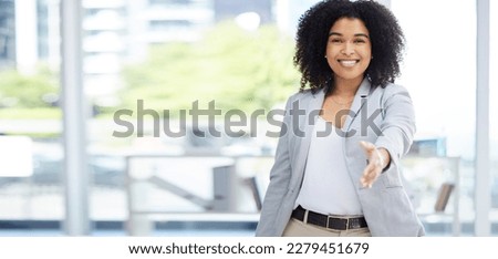 Happy woman, business or handshake in job interview, hr recruitment or human resources introduction in corporate office space. Smile, collaboration or shaking hands in partnership with hiring manager Royalty-Free Stock Photo #2279451679