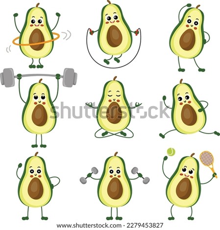 Set of funny avocado mascot making gym
