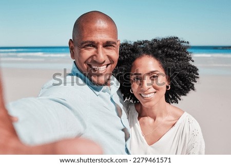 Couple, smile and selfie portrait at beach on vacation, bonding and care at seashore. Holiday love, summer ocean and man and woman taking pictures for social media, profile picture or happy memory.