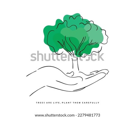 Line art vector of a tree on the palm indicating the practice to plant more and more trees to combat climate change. Happy forests day Royalty-Free Stock Photo #2279481773