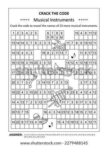 Crack the code word game, or codebreaker word puzzle, with names of various musical instruments. Answer included.
