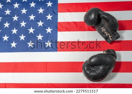 Boxing gloves and a background with an American flag. Top view, place to copy