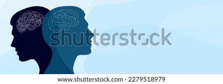 Metaphor bipolar disorder mind mental. Double face. Split personality. Concept mood disorder. Psychology. 2 Head silhouette. Dual personality concept. Mental health. Psychiatry. Banner Royalty-Free Stock Photo #2279518979