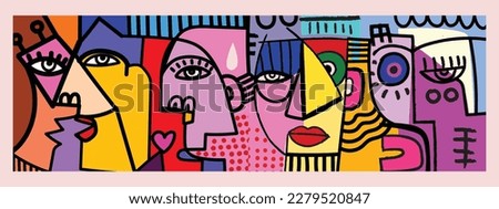 Group of colorful abstract face portrait cubism art style, decorative, line art hand drawn vector illustration.