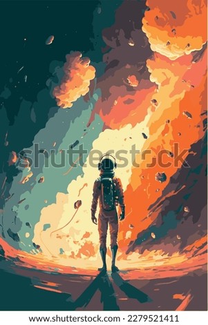 Surreal colorful space. Vector art of fantasy astronaut in space. Science fiction concept art. Silhouette lost in the galaxy. Outer planet. Magical alien world. Poster painting of nebula spaceship. Royalty-Free Stock Photo #2279521411