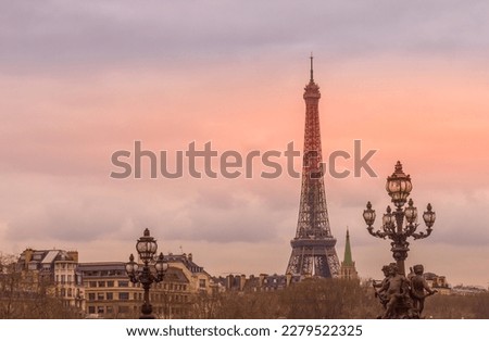 Sunset from the  Alexandre III bridge with the Eiffel Tower in the background, Paris, France