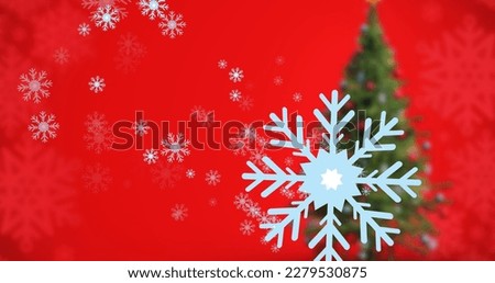 Digital composite image of snowflakes and christmas tree against red background with copy space. christmas festivity, tradition and vector.