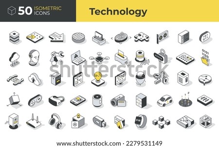 Collection of isometric icons on technology topics in linear style. Covers smartphones, laptops, VR headsets, self-driving cars, and cybersecurity. Perfect  to enhance tech-related projects Royalty-Free Stock Photo #2279531149